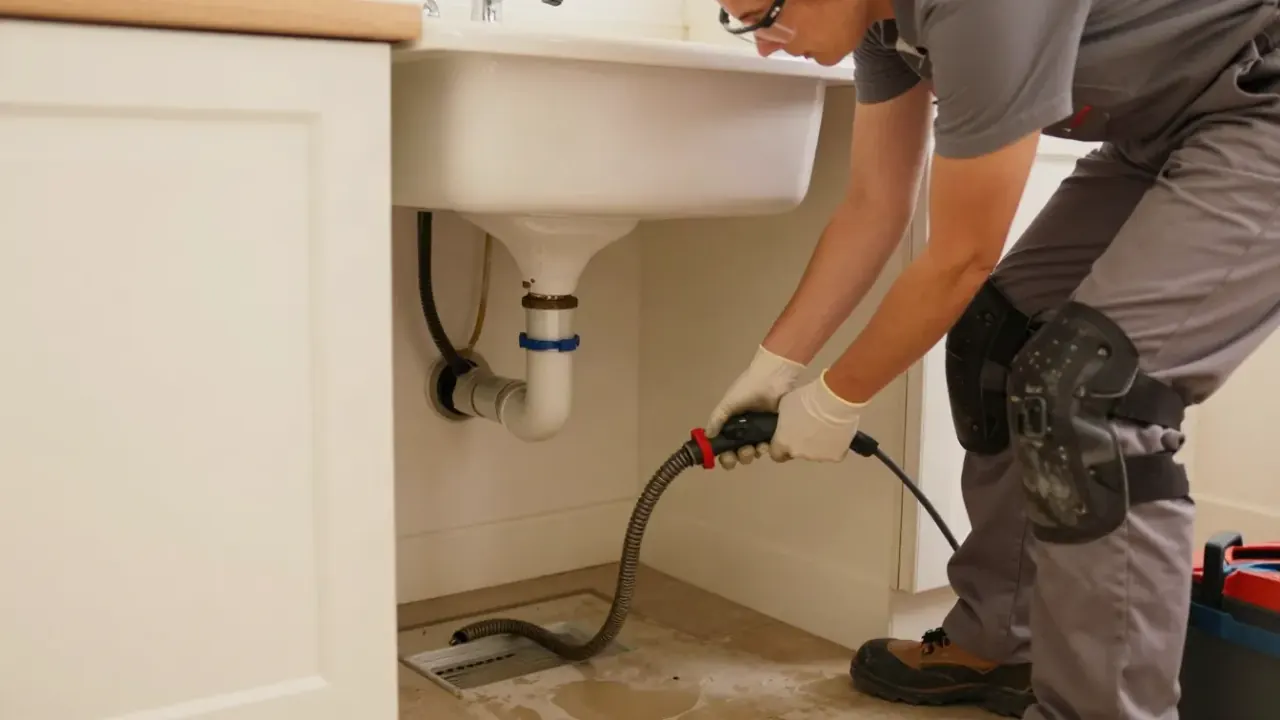 Kitchen Sink Drain Cleaning in Bradenton, Florida: drain cleaning technician is feeding a small hand-cranked drain snake