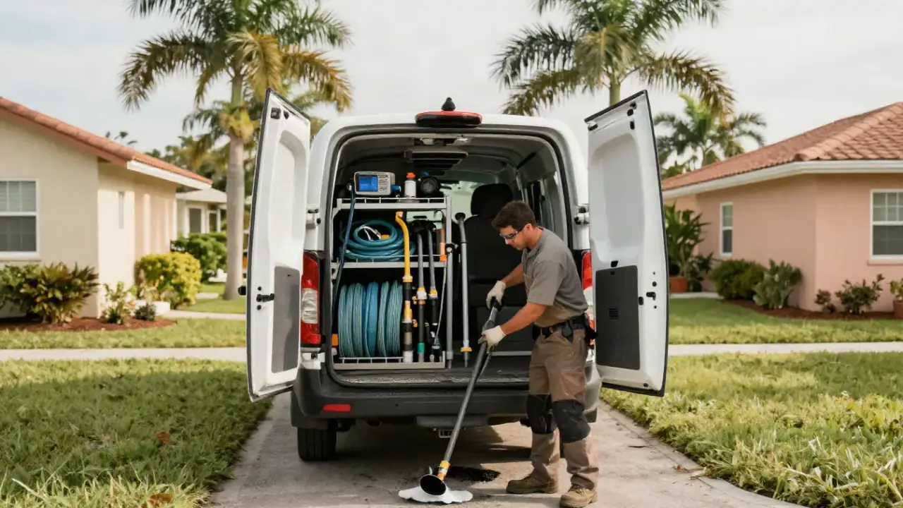Drain Cleaning in Bradenton, Florida: rear of a clean, well-organized service van with its doors open, revealing racks of